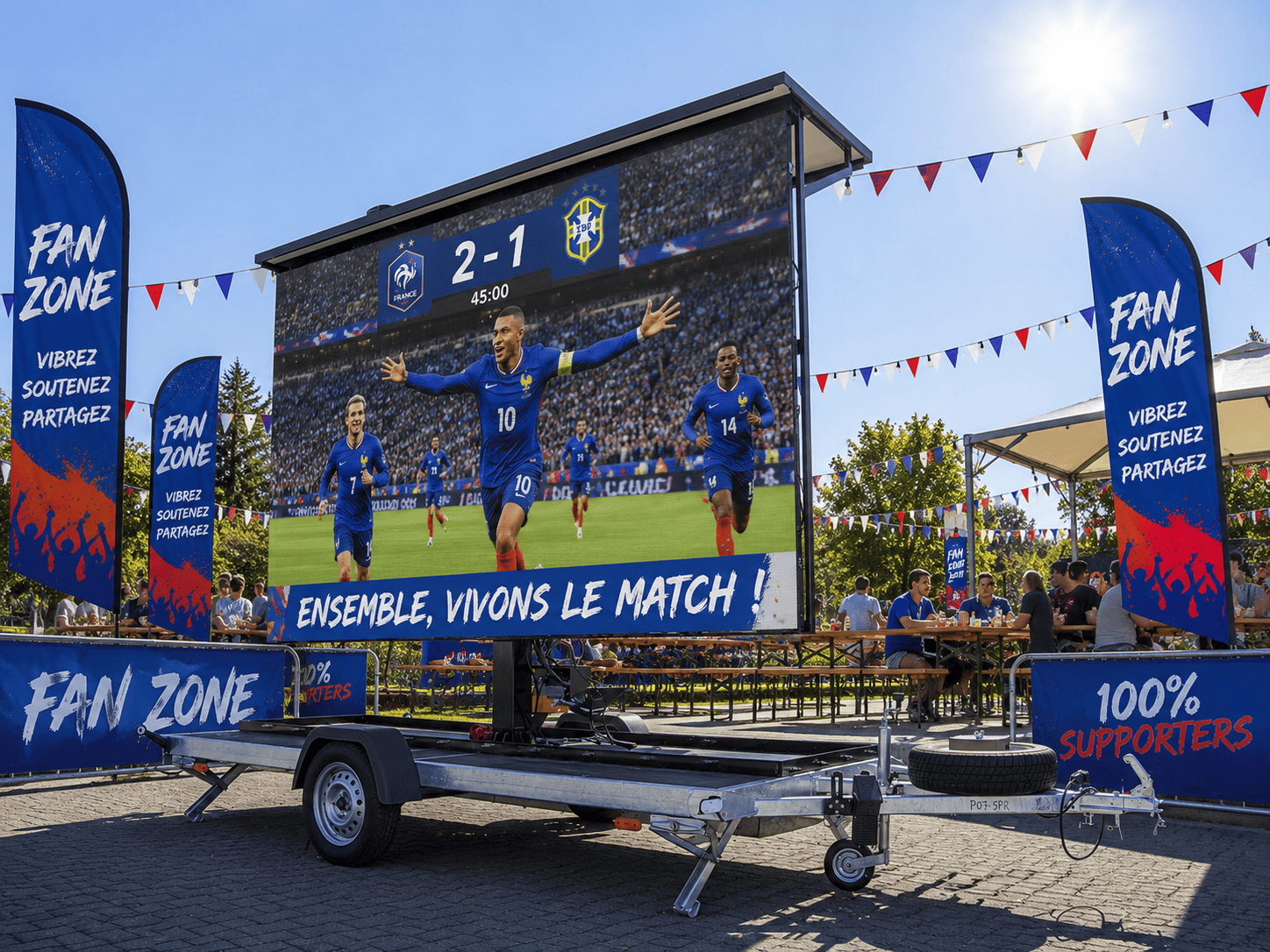 Écran géant LED mobile sur remorque pour fan zone, événements sportifs et diffusion de matchs en Isère